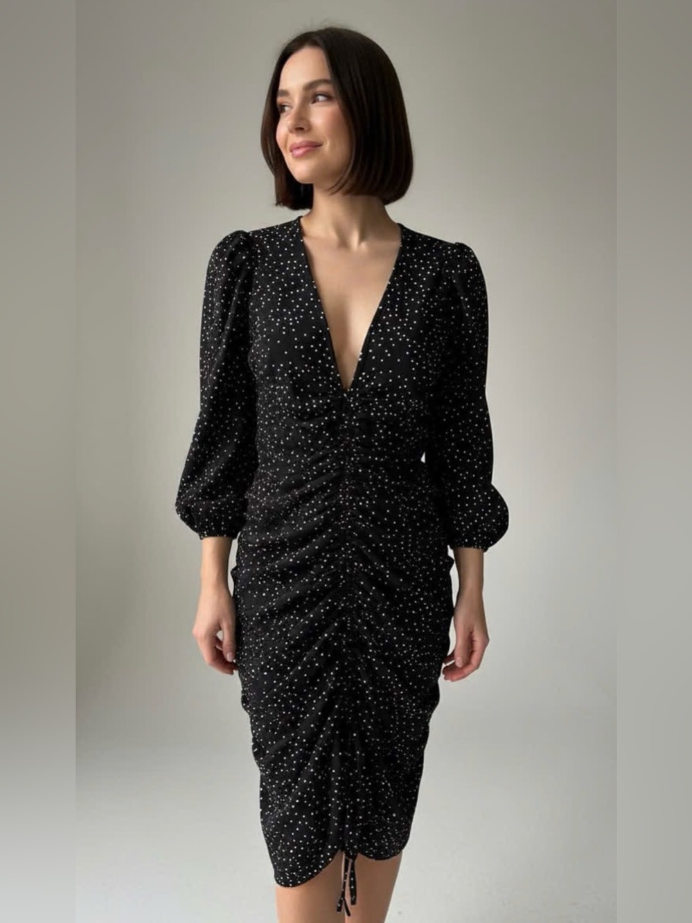 🛍️Zara Black Polka Dot Ruched Mini Dress